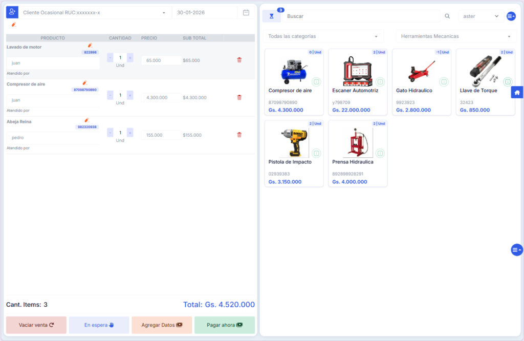 Vista de ventas y resultados en Aster